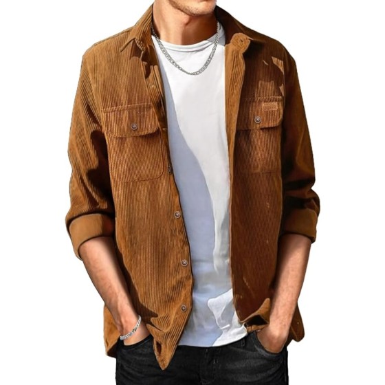 Men's Corduroy Shirt Jacket Buttoned Long Sleeve Work Shirt with Pockets
